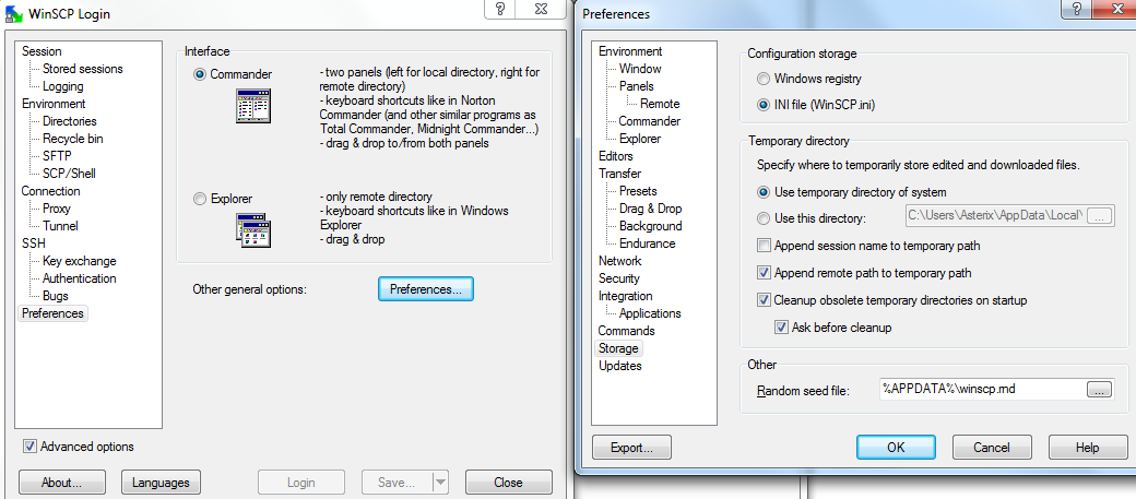 Set WinSCP storage preferences